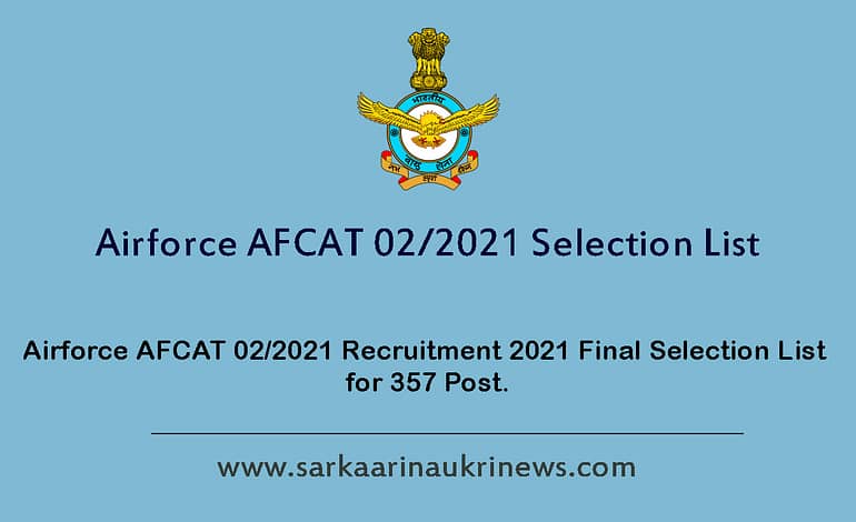  Airforce AFCAT 02/2021 Recruitment 2021 Final Selection List for 357 Post.